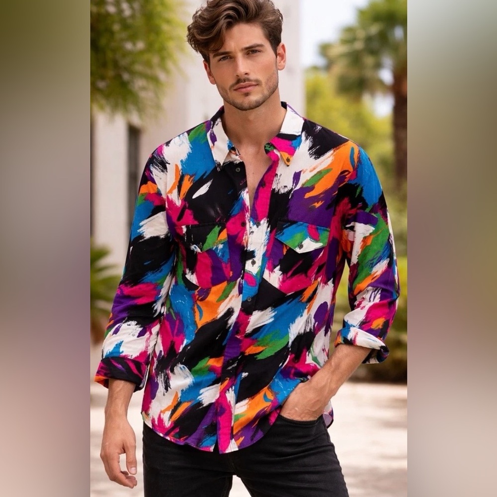 Vintage 1994 Roper Western Shirt Made USA Abstract Paint‎ Print 90s Button Up XL